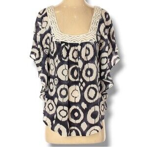 INC International Concepts Short Sleeve Silk Top Size 10 Square Crochet Neckline